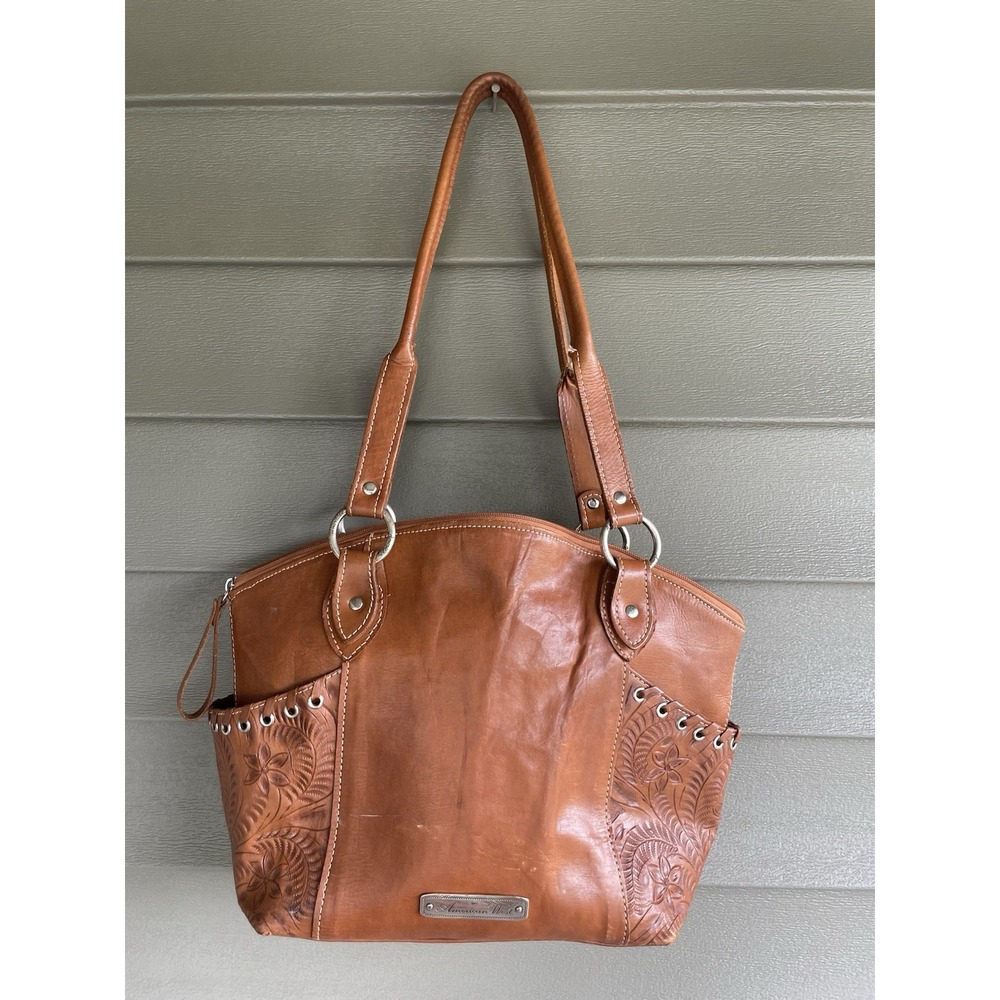 American West Embossed Tooled Leather Western Style Brown Tan Handbag Purse Bag